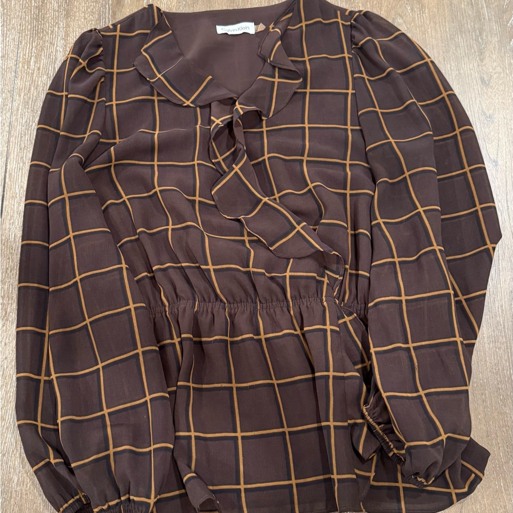 Calvin Klein Brown and Gold Puff Sleeve Peplum Blouse